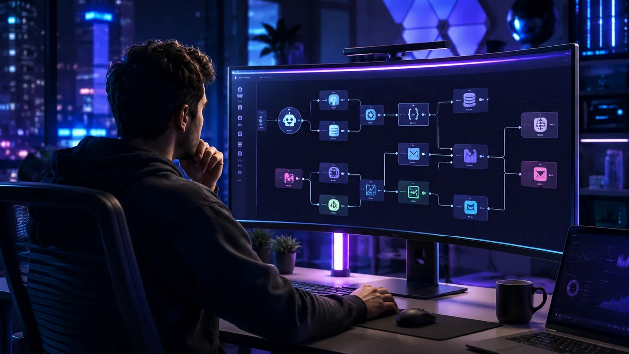 Professional reviewing a no-code automation workflow with safeguards